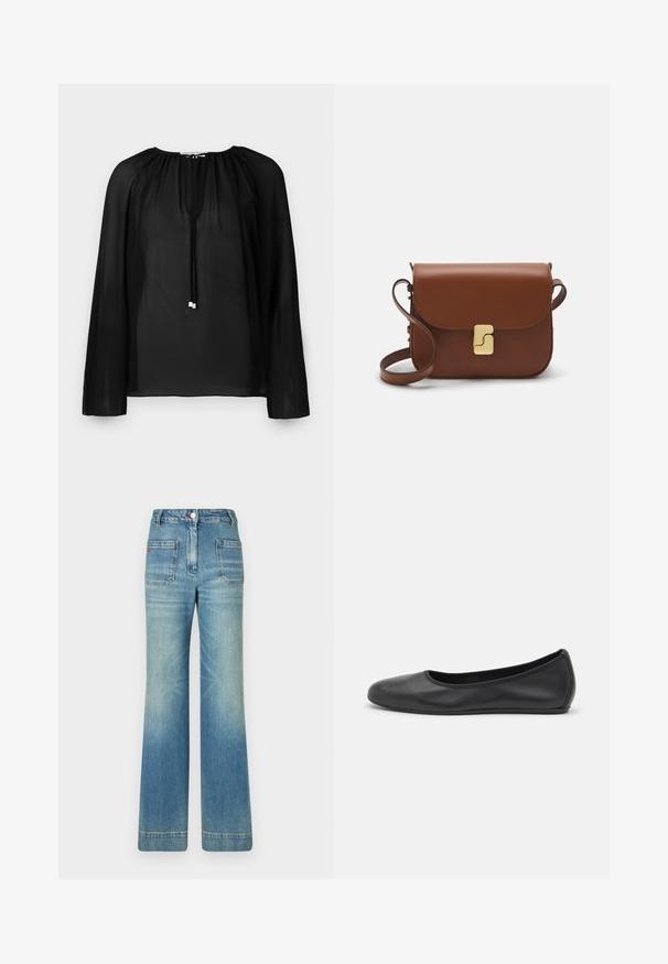 Fekete áttetsző blúz hosszú ujjakkal, ráncolt nyakkal és ezüst díszítéssel ellátott húzózsinórral. Könnyű és légies textúra.; Fehér, rövid ujjú póló ribbed anyagból. Kerek nyakkivágás, normál szabás és diszkrét varrási részletek. Nincsenek minták vagy grafikák.; Világoskék, trapéz szabású farmernadrág öt zsebbel, övhurkokkal, gombos záródással és enyhén fakó textúrával, a hátsó részén egy piros logó részlettel.; Fekete bőr balettcipő lekerekített orral, sima tekstúrával, minimális varrással és rugalmas talp kialakítással.; Barna bőr kézitáska, hajtókás zárással, arany színű fém kiegészítőkkel, vállpánttal és sima felülettel. Kompakt téglalap alakú.
