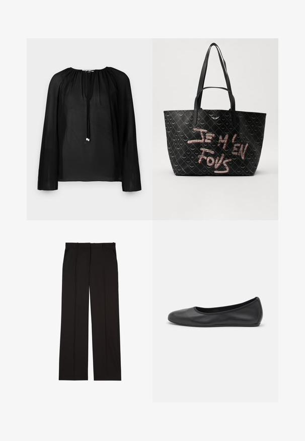 Juoda permatoma bliuska su ilgomis rankovėmis, raukšlėtu iškirpimu ir virvelėmis su sidabro akcentais. Lengvas ir plazdantis tekstūros jausmas.; Juodos pritaikytos kelnės, pagamintos iš lygaus audinio, su tiesiomis kojomis ir dviem šoniniais kišenėmis. Elegantiška ir minimalistinė konstrukcija.; Juodai odiniai baletai su apvaliu pirštu, lygi texture, minimalus siuvimo detales ir lanksčiu padų dizainu.; Juodas tote krepšys su tekstūruotu paviršiumi, turintis deimanto raštą, petines diržes ir ryškiai raudonai baltą tekstą „JE M'EN FOUS.“