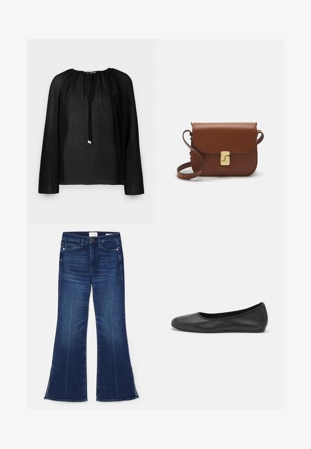 Schwarze transparente Bluse mit langen Ärmeln, gerafftem Ausschnitt und einer Kordel mit silbernen Akzenten. Leichte und fließende Textur.; Dunkelblaue, ausgestellte Jeans aus Denim. Mit hoher Taille, vorderen Taschen und Schlitzen am Saum. Klassisches Fünf-Taschen-Design.; Schwarze Leder-Ballettschuhe mit abgerundeter Spitze, glatter Textur, minimalen Nähdetails und einem flexiblen Sohlen-Design.; Braune Ledertasche mit Klappenverschluss, Beschlägen in Goldfarbe, einem Schultergurt und einer glatten Oberfläche. Kompakte rechteckige Form.
