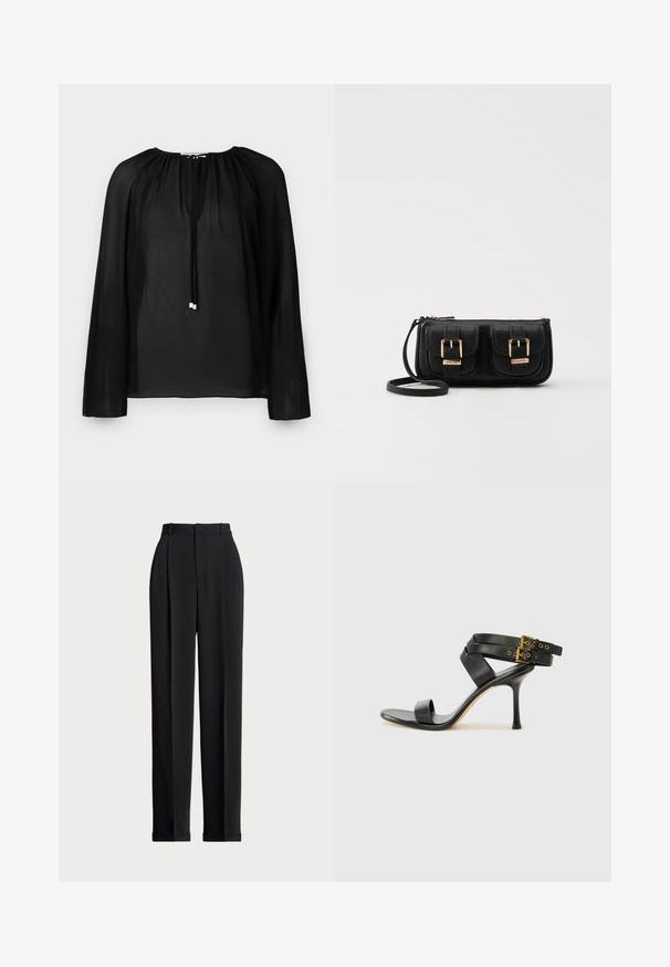 Schwarze transparente Bluse mit langen Ärmeln, gerafftem Ausschnitt und einer Kordel mit silbernen Akzenten. Leichte und fließende Textur.; Schwarze, taillierte Hose mit hoher Taille, mit Falten vorne, geradem Bein-Design und umgeschlagenem Saum. Aus glattem Stoff gefertigt.; Schwarze Absatzsandale mit gekreuzten Riemen und verstellbarem Schnallenverschluss. Sie verfügt über eine glatte Textur und einen schmalen Stiletto-Absatz.; Schwarze Leder-Umhängetasche mit zwei vorderen Taschen, goldenen Schnallen, Reißverschluss und einem schmalen Tragegurt. Texturierte Oberfläche und kompakte rechteckige Form.