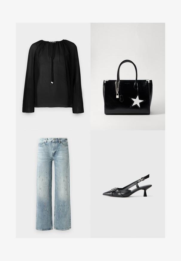 Schwarze transparente Bluse mit langen Ärmeln, gerafftem Ausschnitt und einer Kordel mit silbernen Akzenten. Leichte und fließende Textur.; Hellblaue weite Jeans aus Denim, ausgestattet mit einem Farbverlaufseffekt und Verzierungen aus silbernen Strasssteinen in vertikalem Muster.; Schwarzer Leder-Slingback-Schuh mit spitz zulaufender Zehenpartie, dekorativen Riemen mit METALLÖSEN und niedrigem Blockabsatz. Strukturelle Oberfläche.; Schwarze Handtasche aus lackiertem Leder mit eleganter Form. Mit silberner Kettenhardware, einem Schloss und einem weißen Sternelement an der Seite.