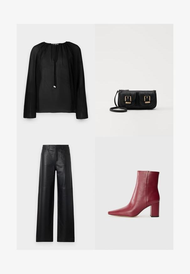 Fekete áttetsző blúz hosszú ujjakkal, ráncolt nyakkal és ezüst díszítéssel ellátott húzózsinórral. Könnyű és légies textúra.; Széles szárú fekete bőrnadrág sima textúrával, elülső zsebekkel, gombos zárással és finom varrással.; Bordó bőr bokacsizma hegyes orral, tömbsarkal és sima felülettel, látható hardver nélküli zökkenőmentes dizájnnal.; Fekete bőr keresztbody táska két elülső zsebbel, arany csattokkal, cipzáras záródással és vékony pánttal. Textúrált felület és kompakt téglalap alak.