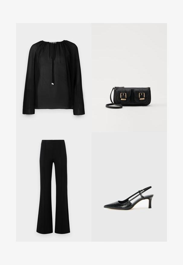Fekete áttetsző blúz hosszú ujjakkal, ráncolt nyakkal és ezüst díszítéssel ellátott húzózsinórral. Könnyű és légies textúra.; Fekete, flared nadrág magas derékkal, rugalmas anyagból készült. Elölnézetén függőleges varrásokkal rendelkezik, sima textúrával.; Fekete lakk slingback sarok, hegyes orral, texturált kígyómintával, állítható pánttal és rövid, texturált tömbsarkal.; Fekete bőr keresztbody táska két elülső zsebbel, arany csattokkal, cipzáras záródással és vékony pánttal. Textúrált felület és kompakt téglalap alak.