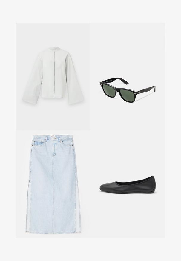 Šviesiai pilkas, tekstūruotas švarkas su mandarinio tipo šaliku, ilgomis varpo formos rankovėmis ir priekyje esančia mygtukų uždarymo sistema. Subtilūs siuvimo akcentai rankogaliuose.; Šviesiai mėlynas džinsinis maksi sijonas su tiesiu kirpimu, su šoninėmis išpjovomis ir penkių kišenių dizainu. Išryškintas siuvinėjimas ir metalinė sagtis.; Juodai odiniai baletai su apvaliu pirštu, lygi texture, minimalus siuvimo detales ir lanksčiu padų dizainu.; Juodi plastikiniai saulės akiniai su žaliais objektyvais, kvadratiniais rėmeliais, sidabriniu akcentu ant antakio ir tekstūruotais šventyklų šakutėmis. Vidinėje šakutėje nurodyta prekės ženklo pavadinimas.