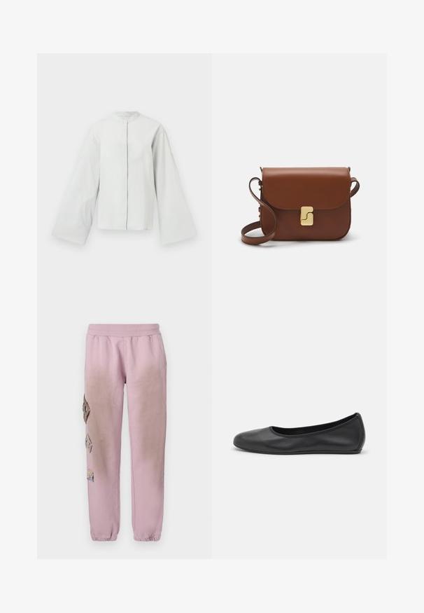 Light gray, textured jacket with a mandarin collar, long bell sleeves, and a front button closure. Subtle stitching detail at cuffs.; Pink sweatpants with an elastic waistband, featuring decorative patches in diamond shapes on the left side and elastic cuffs at the ankles.; Black leather ballet flat with a rounded toe, smooth texture, minimal stitching detail, and a flexible sole design.; Brown leather handbag with a flap closure, gold-tone hardware, a shoulder strap, and a smooth texture. Compact rectangular shape.