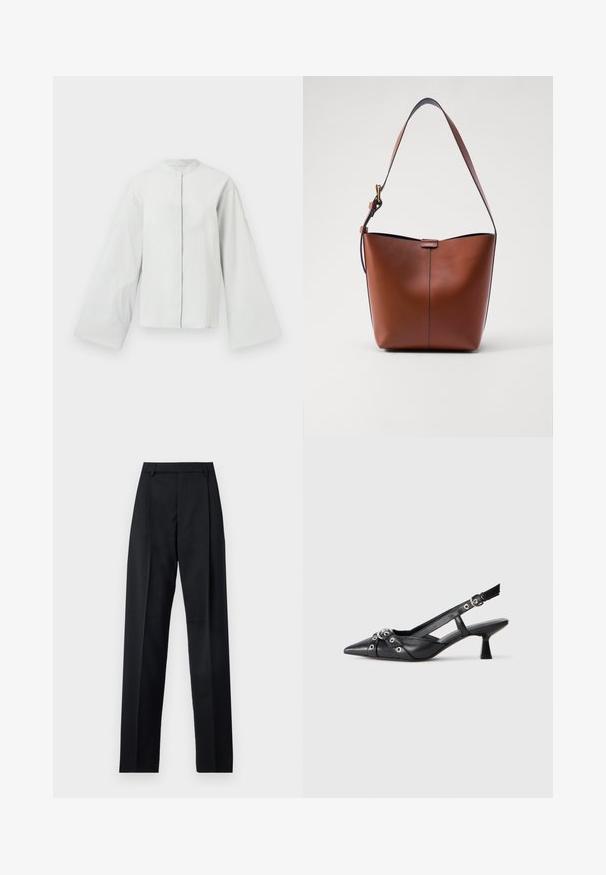 Light gray, textured jacket with a mandarin collar, long bell sleeves, and a front button closure. Subtle stitching detail at cuffs.; Black trousers made from smooth fabric featuring a high waist, wide legs, front pleats, and classic belt loops. No side pockets visible.; Black leather slingback shoe with a pointed toe, decorative straps featuring metal eyelets, and a low block heel. Textured surface.; Brown leather shoulder bag with a curved shape, smooth texture, and a single thin strap. Features a subtle seam and a small logo detail.