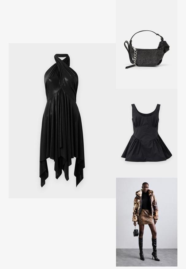 Schwarzes ärmelloses Kleid mit Rundhalsausschnitt, gerafftem Bund und weitem Rock. Hergestellt aus leichtem Stoff mit glatter Textur und minimalen Nähten.; Schwarzes Halsbandkleid mit einem drapierten Design. Hergestellt aus glänzendem Material, mit einem verdrehten Ausschnitt und asymmetrischem Saum. Glatte Textur.; Puffermantel mit einem braunen und schwarzen Muster, kombiniert mit einem mini Rock in Schlangenoptik in Braun, schwarzen kniehohen Stiefeln und einer kleinen schwarzen Tasche.; Schwarze Handtasche mit texturiertem Design, verziert mit silbernen Nieten und einem klobigen silbernen Kettenriemen. Besitzt eine elegante, minimalistische Form.