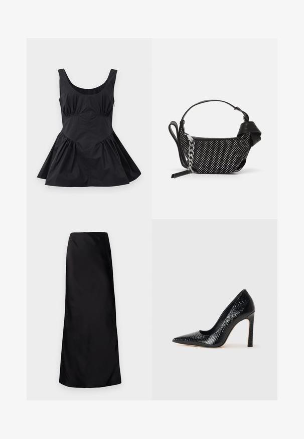 Fekete ujjatlan ruha kerek nyakkivágással, összefogott derékkal és harangszoknyával. Könnyű anyagból készült, sima textúrával és minimális varrásokkal.; Norma Kamali BIAS OBIE SKIRT - Maxi szoknya - black; Fekete hegyes orrú magassarkú cipő krokodilbőr textúrával, letisztult dizájnnal, magas tűsarkú és sima fekete belső résszel.; Fekete kézitáska szegecses díszítéssel, láncos pánttal és sima bőr fogantyúval, lekerekített formával és cipzáras rekesszel.