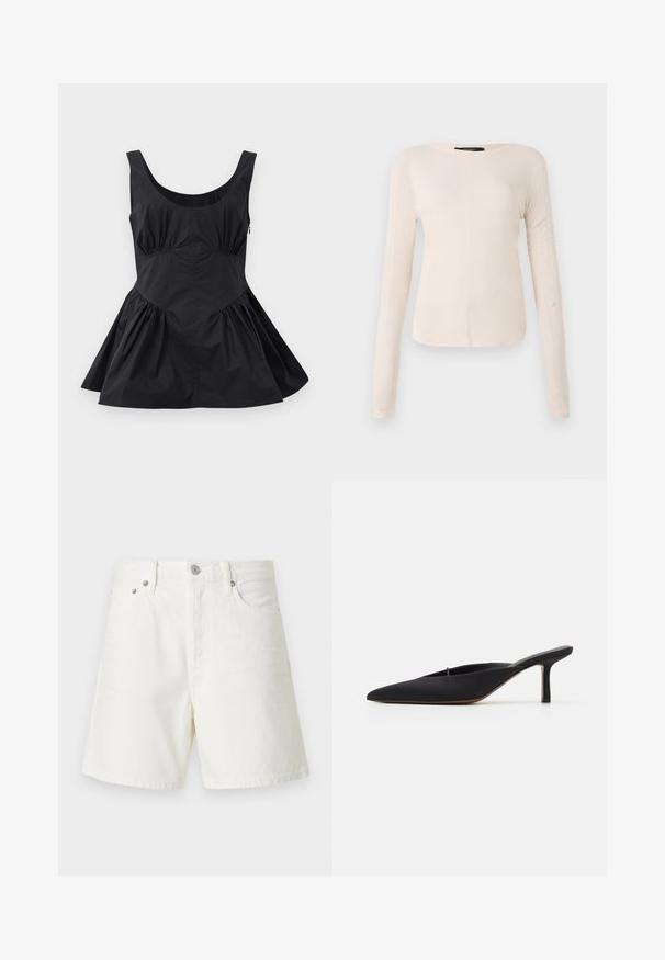 Zwarte mouwloze jurk met een ronde halslijn, geraffineerde taille en uitlopende rok. Gemaakt van lichtgewicht stof met een gladde textuur en minimale naden.; Langsleeve, lichtbeige top met een ronde halslijn. Gemaakt van zachte stof, heeft een centrale naad en een iets gebogen rand. Geen zichtbare hardware.; Witte denim shorts met een rechte snit, vijf zakken, voorste knoopsluiting, zilveren hardware en gestikte details.; Zwarte muiltje met spitse neus en een strak ontwerp, gemaakt van gladde stof, met een slanke hak en open achterkant voor gemakkelijk aan- en uittrekken.