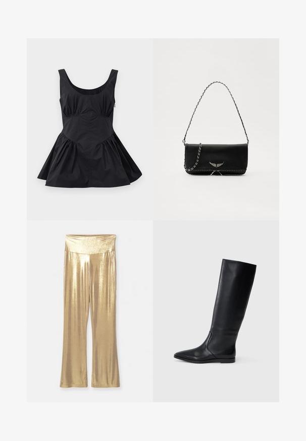 Vestido preto sem mangas com decote arredondado, cintura franzida e saia rodada. Feito de um tecido leve com uma textura suave e costuras mínimas.; Leggings metalizados dourados de corte flare com cintura alta. Textura lisa e brilhante por toda a peça. Design simples, sem padrões ou ferragens visíveis.; Bota preta de couro até ao joelho com bico fino e design minimalista. Textura suave e sola plana, apresentando discretos detalhes de costura lateral.; Saco de couro preto com uma alça de corrente prateada, apresentando ornamentos em forma de asas e costura branca ao longo da costura inferior.