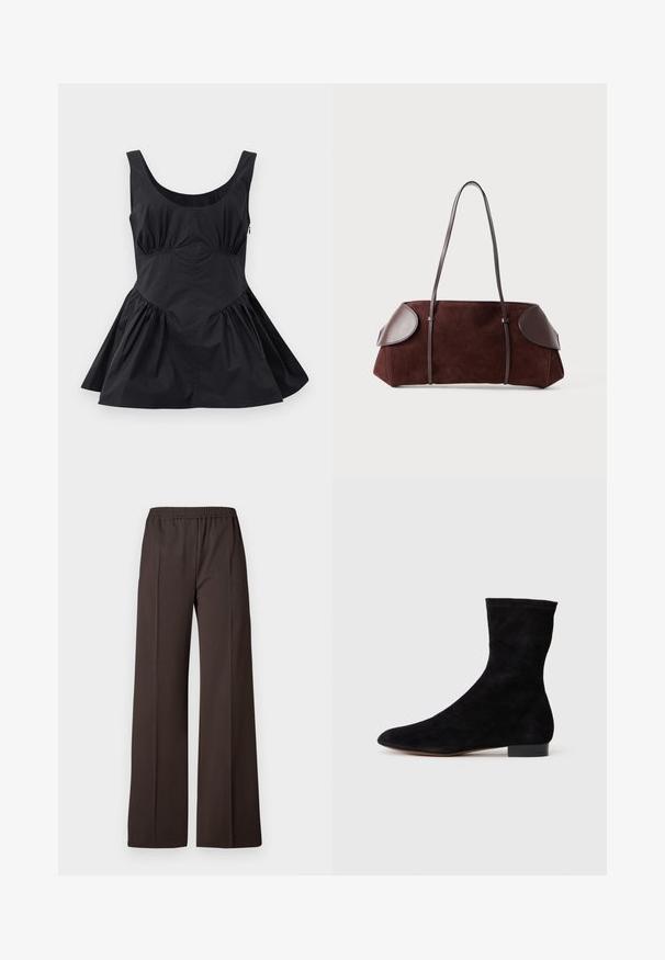 Schwarzes ärmelloses Kleid mit Rundhalsausschnitt, gerafftem Bund und weitem Rock. Hergestellt aus leichtem Stoff mit glatter Textur und minimalen Nähten.; Weite Hosen aus dunkelbraunem Stoff mit einem elastischen Taillenbund, die eine glatte Textur und klare Linien für einen eleganten Look aufweisen.; Schwarze Wildleder-Ankelboots mit einem enganliegenden Schaft, spitzer Zehenform und niedrigem Blockabsatz. Glatte Textur und minimalistisches Design, geeignet für vielseitige Styles.; Braune Wildledertasche mit Lederakzenten, strukturiertem Design, doppelten Schulterriemen und abgerundeten Kanten, ausgestattet mit einer glatten Textur und minimalem Hardware.