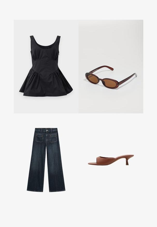 Robe sans manches noire avec un décolleté en cœur, taille froncée et jupe évasée. Fabriquée en tissu léger au toucher lisse et avec des coutures minimales.; Jean large en denim bleu foncé, avec une fermeture à bouton, deux poches avant et deux poches arrière avec des détails de couture subtils.; Mules à talons ouverts marron avec une finition lisse et mate, présentant un design incurvé et un talon transparent et effilé.; Lunettes de soleil rondes teinte brun avec une monture bordeaux brillante. Branches fines avec un détail de marque subtil. Design de verres plats.