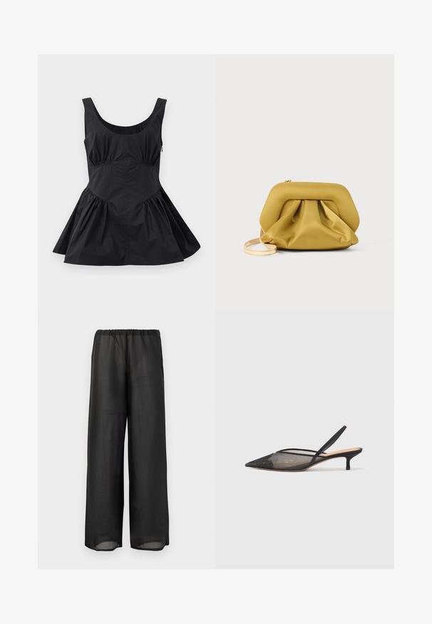 Schwarzes ärmelloses Kleid mit Rundhalsausschnitt, gerafftem Bund und weitem Rock. Hergestellt aus leichtem Stoff mit glatter Textur und minimalen Nähten.; Schwarze weit geschnittene Hose aus leichtem, halbtransparentem Stoff mit elastischem Bund. Das Design zeichnet sich durch eine fließende und entspannte Silhouette aus.; NEOUS IRENA - Pumps - black; Gelbe, weich strukturierte Clutch-Tasche mit einem geformten oberen Teil, gerafftem Boden und einem dünnen, abnehmbaren Tragegurt. Reißverschlussverschluss oben.