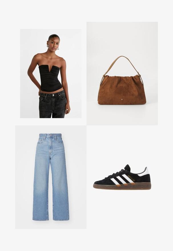 Haut sans manches noir avec un décolleté en V profond et une texture froncée. Associé à un jean en denim sombre taille haute avec une fermeture à boutons et des poches avant.; Jean large taille haute bleu clair avec bouton et fermeture éclair à l'avant, poches avant et arrière, sur fond blanc.; Baskets Adidas noires avec rayures blanches, inscription dorée "Spezial", semelle en gomme et languette blanche au talon, présentées en vue de profil.; Sac à main en daim marron avec un design plissé, arborant une seule sangle en cuir beige et un discret logo doré à l'avant.