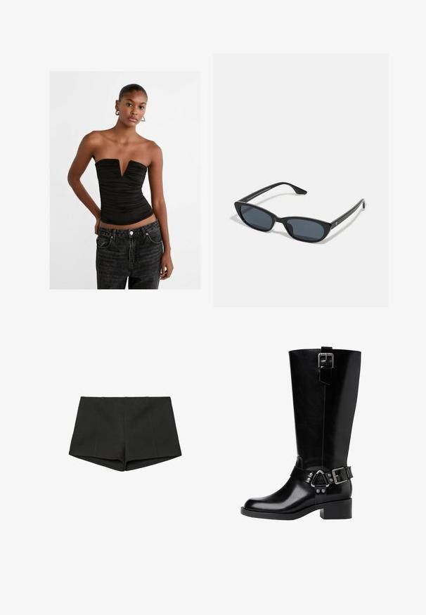 Sort strapless top med dyb V-udskæring og ruchede detaljer. Sammen med højttalende mørke denimjeans med knaplukning og forlommer.; Sorte shorts lavet af struktureret stof, med en høj talje og en tætsiddende pasform med sømme foran. Ingen lommer eller fastgøringer synlige.; Sort læderknæhøj støvle med rund tå, en kraftig hæl, justerbar strop med hardware-accenter og en blank finish.; Sorte katteøje solbriller med mørke linser, plastikramme, slanke temple og diskret branding på den indre arm. Mat finish tekstur.; Sort læder skuldertaske med en buet silhuet, der har en guld kædestrop og en glat, blank finish.