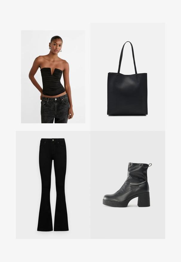 Haut sans manches noir avec un décolleté en V profond et une texture froncée. Associé à un jean en denim sombre taille haute avec une fermeture à boutons et des poches avant.; Jean noir taille haute avec fermeture à bouton et à zip, poches avant et jambes évasées, posés à plat sur un fond blanc.; Bottes noires à la cheville en cuir lisse, dotées d'une fermeture éclair sur le côté, d'un talon épais texturé et d'une conception à bout rond.; Sac fourre-tout en cuir noir avec une texture lisse, de forme rectangulaire et deux longues poignées. Pas de matériel ou d'ornementations visibles.