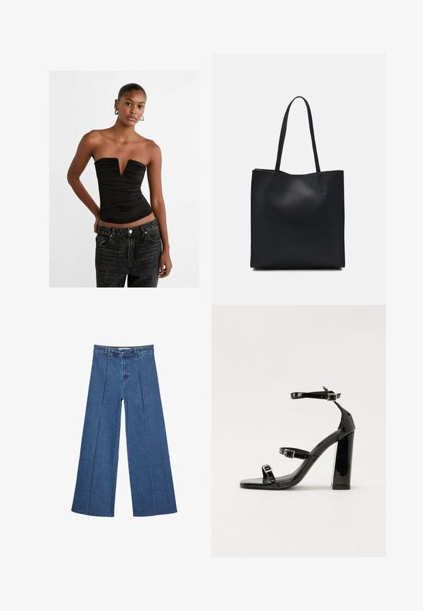 Sort strapless top med dyb V-udskæring og ruchede detaljer. Sammen med højttalende mørke denimjeans med knaplukning og forlommer.; Bredde ben denim jeans i mellemblå, med høj talje, knaplukning og kontrasterende lodrette sømdetaljer foran.; Sorte patenterede hælsandaler med firkantet tå, ankelremme og sølvspænder. Har en chunky blokHæl for stabilitet.; Sort læder tote taske med glat tekstur, rektangulær form og to lange hanke. Ingen synlig hardware eller udsmykninger.