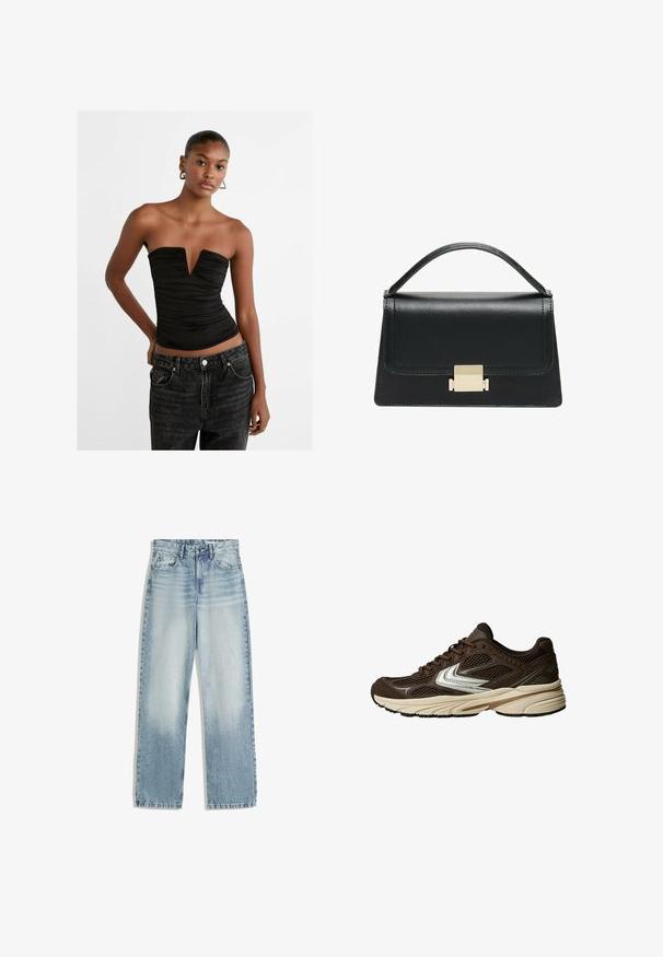 Zwarte strapless top met een diepe V-hals en gerimpelde textuur. Gecombineerd met high-waisted donker denim jeans met een knoopsluiting en voorzakken.; Lichtblauwe denim jeans, hoog in de taille, met een recht model. Bevat klassieke vijf-pocket styling en subtiele vervaging aan de voorkant.; Bruine sportschoen met mesh panelen, een witte accentontwerp, een gewatteerde rubberen zool en een textiele bovenkant voor ademend vermogen.; Zwarte lederen handtas met een gestructureerd ontwerp, bovenhandgreep en een gouden metalen sluitingdetails aan de voorkant. Gladde textuur, minimale stiksels.; Gouden clipoorbellen met een cilindervorm, voorzien van geribbeld detail, een gladde textuur en een gepolijste afwerking.