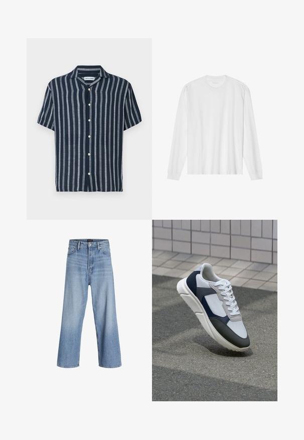 Koszula z krótkim rękawem w granatowym kolorze z jasnoniebieskimi paskami. Posiada klasyczny kołnierzyk i pięć guzików z przodu. Wykonana z lekkiego materiału.; Biała bawełniana koszulka z długim rękawem z okrągłym dekoltem i ściągaczami. Prosty, nieozdobny design, charakteryzujący się gładką fakturą i standardowym krojem.; Jasnoniebieskie dżinsy typu wide-leg z wysokim stanem, z zapięciem na guziki, pięcioma kieszeniami i subtelnym wyblaknięciem. Czyste wykończenie dołu.; Białe, granatowe i szare sneakersy o mieszanej konstrukcji, z teksturowanym wierzchem, płaskimi sznurowadłami i amortyzowaną podeszwą.