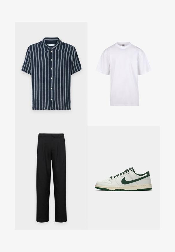 Korte mouwen overhemd met knopen in marineblauw met lichtblauwe strepen. Voorzien van een klassieke kraag en vijf knopen aan de voorkant. Gemaakt van lichte stof.; Witte katoenen t-shirt met een ronde hals, korte mouwen en een relaxte pasvorm. Heeft een eenvoudig ontwerp zonder patronen of accenten.; Zwarte broeken van gladde stof, met een recht model, twee voorknikken en een standaard tailleband met riemlussen.; Witte lage sneakers met een donkergroene Nike swoosh, veters en accentkleuren op de zool, weergegeven in profiel op een effen witte achtergrond.