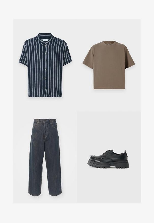 Tamsiai mėlyna trumpomis rankovėmis marškinėliai su šviesiai mėlynomis juostelėmis. Įrengtas klasikiniai apykaklė ir penki priekiniai mygtukai. Pagaminti iš lengvo audinio.; Ruda, trumpomis rankovėmis marškinėliai, pagaminti iš minkštos medžiagos, su apvaliu iškirpimu. Siūlo laisvą siluetą ir paprastą apvadu.; Plati tamsiai mėlyni džinsai su subtiliu suplyšusiu tekstūros, penkios kišenės ir klasikinis mygtukų bei užtrauktuko uždarymas juosmens srityje.; Juodas masyvus odinis batus su raišteliais, storu šiurkščiu padu ir metalinėmis akyčių skylutėmis prie pirštų, nufotografuotas prieš paprastą šviesų foną.