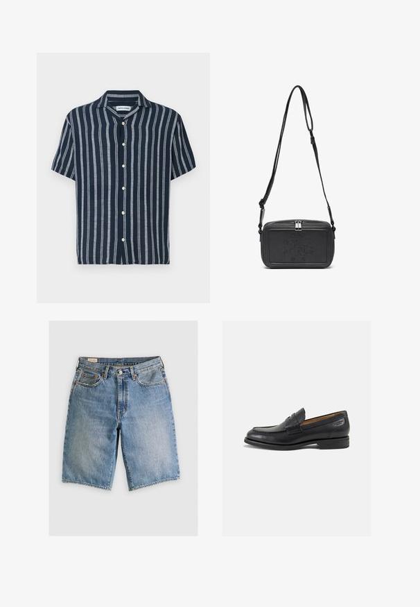 Kortermet skjorte med knapper i marineblå med lyseblå striper. Har en klassisk krage og fem frontknapper. Laget av lett stoff.; Lys blå denimshorts med klassisk snitt. Har fem lommer, oransje sømdetaljer og ukontrollerte kanter.; Sorte lær loafers med en glat overflade, rund tå og dekorativ syning på forfoden. Lav stablet hæl og let glans.; Svart skinn crossover-veske med glidelås, preget logo på fronten og justerbar stropp. Glatt tekstur med rektangulær form.