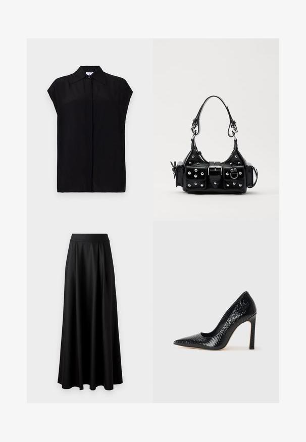 Blusa nera a maniche corte realizzata in tessuto liscio. Presenta un colletto a punta e una chiusura con bottoni sulla parte anteriore. Design pulito e minimalista.; Gonna nera lunga fino al pavimento con una texture liscia, vita alta ampia e design plissè, priva di motivi visibili o decorazioni.; Scarpa nera con punta a punta alta in pelle di coccodrillo, caratterizzata da un design elegante, alto tacco a spillo e interno nero liscio.; Borsa a mano in pelle nera con design curvo, caratterizzata da borchie argentate, una fibbia e due tasche laterali. Tracolla regolabile per diverse opzioni di trasporto.