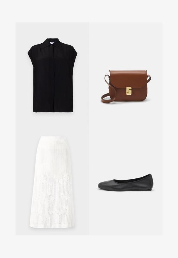 Čierna blúzka s krátkym rukávom vyrobená z hladkej tkaniny. Má špicatý golier a zapínanie na gombíky na prednej strane. Čistý, minimalistický dizajn.; Pletená biela midi sukňa s textúrovaným vzorom s vertikálnymi pruhmi a výrezmi v blízkosti dolného okraja. Elastický pás. Mäkkučký materiál.; Čierne kožené baleríny s okrúhlou špičkou, hladkým povrchom, minimálnym prešívaním a flexibilným dizajnom podrážky.; Hnedá kožená kabelka s klopou, zlatými kovovými prvkami, ramenným popruhom a hladkým povrchom. Kompaktný obdĺžnikový tvar.