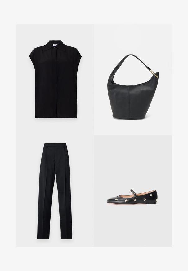 Bluză neagră, cu mâneci scurte, dintr-un material neted. Are un guler ascuțit și o închidere cu nasturi pe față. Design curat, minimalist.; Pantaloni negri dintr-un material neted, cu talie înaltă, picioare largi, pliuri frontale și loop-uri clasice pentru curea. Fără buzunare laterale vizibile.; Pantofii Mary Jane din piele neagră, cu vârful rotund, decorati cu nasturi circulari argintii și o curea ajustabilă cu cataramă.; Geantă din piele neagră, cu o formă rotunjită, curea lată și un finisaj texturat. Are detalii subtile de cusătură și un accent din metal de culoare aurie.