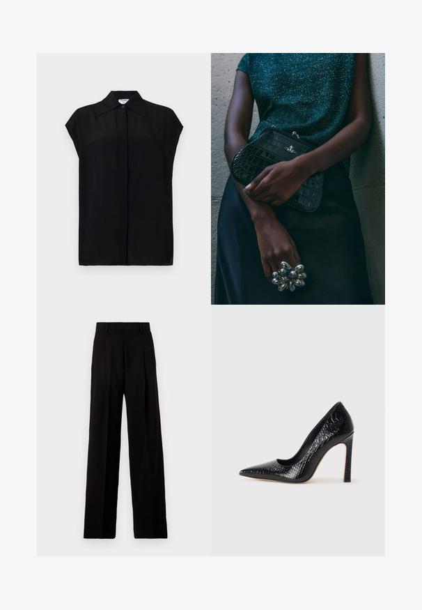 Fekete, rövid ujjú blúz sima anyagból készült. Hegyes gallérral és elöl gombos záródással rendelkezik. Tiszta, minimál stílusú dizájn.; Fekete, bő szárú nadrág sima anyagból, magas derékkal, elülső redőkkel és letisztult, szabott kialakítással, díszítés nélkül.; Fekete hegyes orrú magassarkú cipő krokodilbőr textúrával, letisztult dizájnnal, magas tűsarkú és sima fekete belső résszel.; Fekete krokodilbőr mintázatú válltáska ezüst hardware-rel, egy texturált szürke háttér előtt tartva. Fényes felülettel rendelkezik.