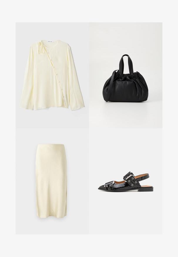 Long-sleeve yellow blouse in silky fabric, featuring a round neckline, side button closure with decorative buttons, and a tied accent at the shoulder.; Satin midi skirt in pale yellow with a smooth texture, featuring a side slit and a straight cut design. Simple and elegant silhouette.; Black patent leather slingback shoe with a pointed toe, featuring two large buckle accents and grommet detailing on the sides. Flat sole.; Black leather handbag with a gathered top design, featuring two short handles and a long adjustable strap. Smooth texture, rounded shape.