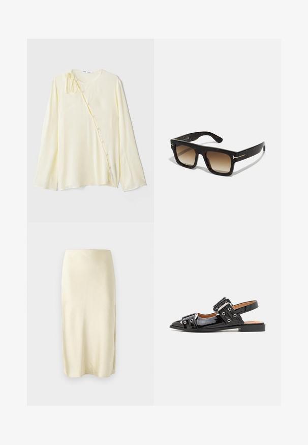 Blusa gialla a maniche lunghe in tessuto setoso, con scollatura rotonda, chiusura laterale con bottoni decorativi e un accento annodato sulla spalla.; Gonna midi in raso giallo pallido con una texture liscia, caratterizzata da uno spacco laterale e un design a taglio dritto. Silhouette semplice ed elegante.; Scarpa slingback in pelle verniciata nera con punta affilata, caratterizzata da due grandi fibbie e dettagli con occhielli sui lati. Suola piatta.; Occhiali da sole tartarugati con montatura quadrata, lenti marroni sfumate e sottili dettagli in oro sugli steli.