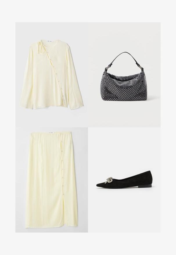 Long-sleeve yellow blouse in silky fabric, featuring a round neckline, side button closure with decorative buttons, and a tied accent at the shoulder.; Long, pale yellow skirt made of soft fabric with a side slit and button closure, featuring a smooth texture and relaxed fit.; Black suede flat shoe with a pointed toe, adorned with a decorative silver bow detail on the front, featuring a low heel.; Black and silver handbag with a woven, textured surface featuring square patterns, a single top handle, and a slouchy design.