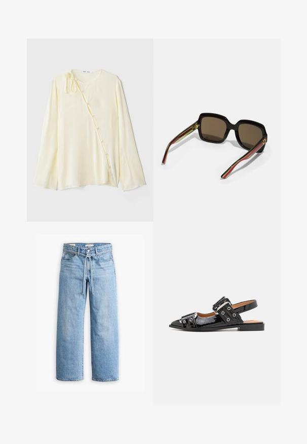 Dolgoravna rumena bluza iz svilnatega materiala, ki ima okroglo izreznico, stransko zapiranje z gumbi in dekorativne gumbe ter zavezovanje na rami.; Svetlo modri traper široki hlače z visokim pasom, z gumbom in zadrgo ter detajlom s povezanico v pasu. Neobdelan rob.; Črne lakirane usnjene natikače s koničastim nosom, ki vključujejo dva velika zakovčka in detajle z grometami na straneh. Ravna podloga.; Črne prevelike sončna očala s rjavimi lečami. Imajo edinstvene črtaste ročke v zeleni in rdeči barvi, ter zlato kovinsko opremo. Kvadratna oblika.