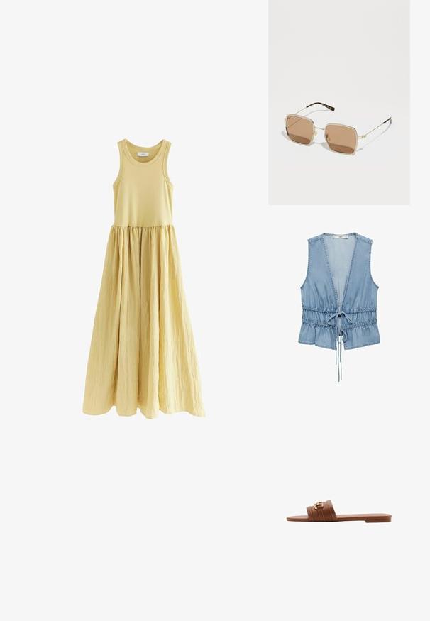 Gilet senza maniche in denim di blu chiaro con scollatura a V profonda, vita regolabile con coulisse e orlo arricciato. Tessuto morbido con design casual.; Abito lungo senza maniche di un giallo morbido. Top aderente con gonna a trapezio arricciata. Tessuto liscio con vita definita.; Sandalo in pelle marrone con due cinturini larghi, caratterizzato da cuciture decorative e un'accoppiatura con fibbia in tono oro. Design con suola piatta.; Occhiali da sole in metallo dorato con forma quadrata, lenti color marrone, e sottili accenti verdi e rossi sulla montatura. Bracci sottili e eleganti.; Bracciale rigido in tonalità oro presenta una finitura liscia e sette strass trasparenti distribuiti uniformemente lungo la banda. Logo inciso all'interno.