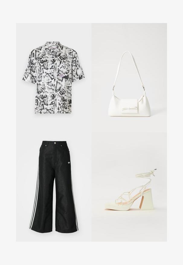 Košile s krátkým rukávem v černobílém abstraktním vzoru štětcem, se límečkem, přední kapsou a designem na knoflíky.; Černé široké džíny s třemi bílými pruhy po stranách a malým bílým logem. Obsahují přední kapsy a zapínání na knoflík.; Bílé sandály na vysokém podpatku s robustním podpatkem, s designem s pásky a zavazováním kolem kotníku. Hladký povrch s platformou vpředu pro zvýšení výšky.; Bílá syntetická kabelka v trojúhelníkovém tvaru, s plochým předním klopným víkem a detailem mašle, nastavitelným popruhem, hladkým povrchem a minimalistickým designem.
