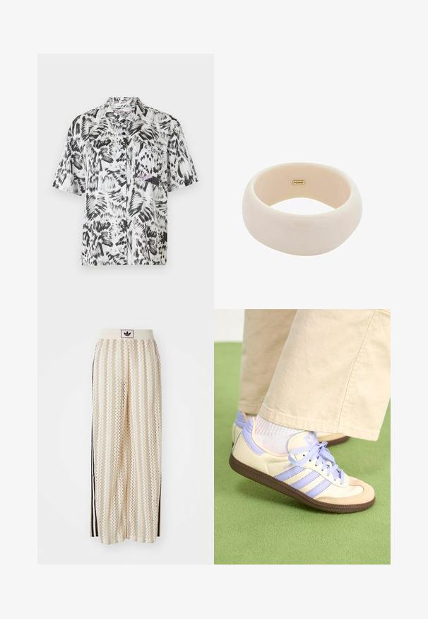 Chemise à manches courtes avec un motif abstrait en coups de pinceau noir et blanc, dotée d'un col, d'une poche avant et d'une fermeture à boutons.; Pantalons larges crème avec un motif en zigzag, dotés d'une ceinture logo noire et de bandes noires sur les côtés. Tissu léger et texturé.; Baskets crème et lavande avec trois bandes et une semelle marron texturée, dotées de lacets et d'un talon rembourré. Tige en tissu doux.; Bracelet beige brillant en résine lisse. Forme arrondie avec une surface uniforme et un petit logo doré à l'intérieur.