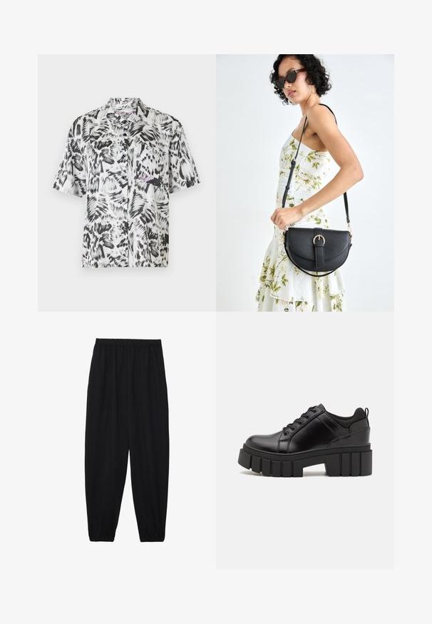 Kortermet skjorte i svart og hvitt abstrakt penselstrøk mønster, med krage, frontlomme og knappelukking.; Svarte, lette bukser med elastisk liv og rynkede ankler. Stoffet er glatt og har en avslappet, innsvingt design.; Svarte lærplattformsko med kraftig blokkhell, rund tå og tradisjonell snøring. Har en jevn tekstur og minimal detaljering.; Svart lærveske med en buet form, avtagbar stropp og gullbeslag. Vesken har et klaff med spenne-detall.