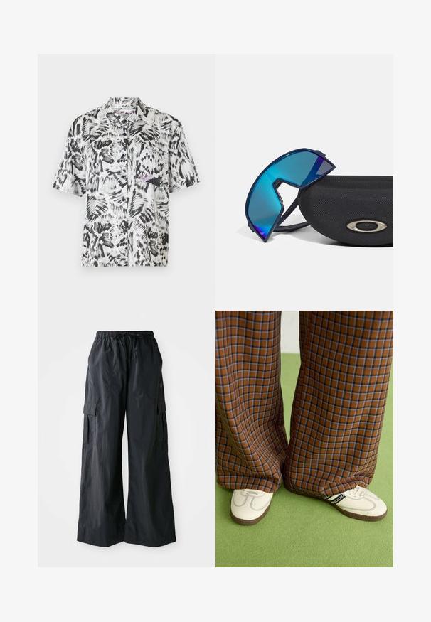 Camicetta a maniche corte con un motivo astratto a pennellate bianche e nere, dotata di colletto, taschino frontale e chiusura con bottoni.; Pantaloni cargo neri realizzati in tessuto leggero, con un design a gamba larga, vita elastica e più tasche laterali. Semplici e funzionali.; Pantaloni a pieghe larghi a quadri marroni e blu abbinati a scarpe bianche con dettagli neri e suole testurizzate, posizionati su uno sfondo verde.; Occhiali da sole avvolgenti di colore blu con un design sportivo, appoggiati su una custodia nera texturizzata con un accento di logo metallico.