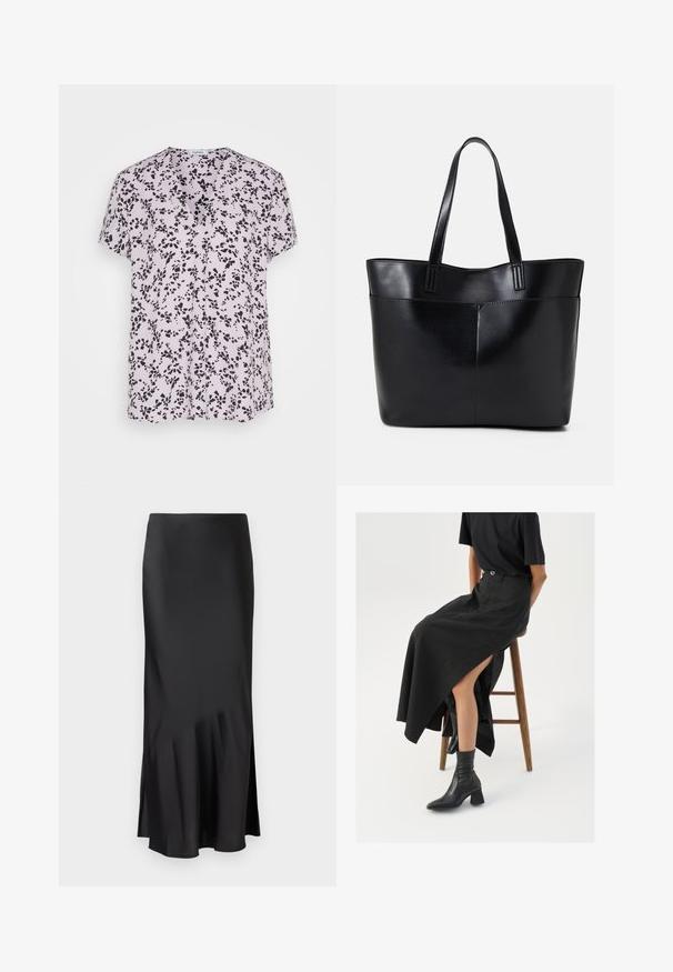 Esprit V NECK - T-shirt con stampa - lavender; Gonna midi nera in satin con un design elegante, caratterizzata da un leggero svaso all'orlo e uno spacco laterale per facilitare i movimenti. Texture liscia.; Gonna maxi in lino nera con uno spacco alto, indossata con una t-shirt nera e stivaletti neri. Design minimalista con una vestibilità rilassata.; Borsa a tracolla in pelle nera con due manici lunghi, una texture liscia e una forma strutturata. Presenta una tasca frontale per ulteriore spazio di archiviazione.