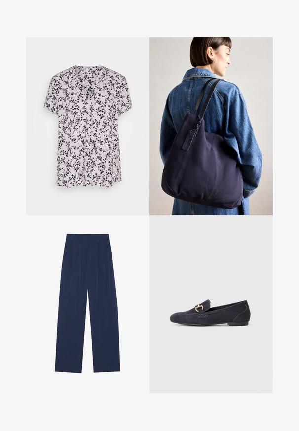 Esprit V NECK - T-Shirt print - lavender; Himmelblaue Weitbundhosen aus weichem Stoff, mit vorderen Falten, glatter Oberfläche und einem geraden Schnitt ohne sichtbare Taschen.; Marineblaues Wildleder-Mokassin mit runder Zehenform, ausgestattet mit einem dekorativen Metallkettenakzent und einem niedrigen Absatz mit kontrastierenden Nähten.; Marinefarbene Leinenschultertasche mit weicher, strukturierter Form, ausgestattet mit einem schwarzen Riemen, genähten Details und einem kleinen Markenschild.