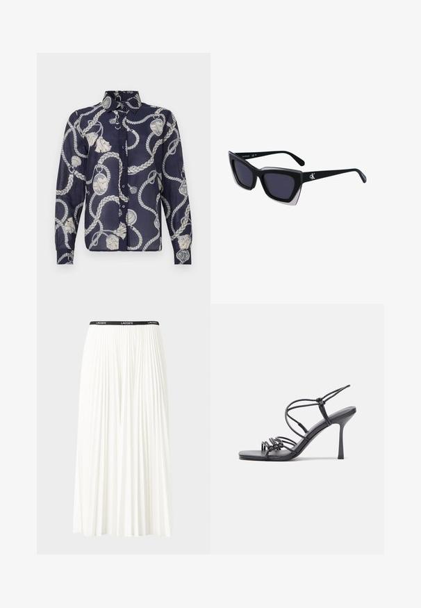 Marineblaue Hemd mit langen Ärmeln, Kragen und Knopfverschluss. Verfügt über ein weißes Seil- und maritimes Motiv, mit Quasten und Akzentdetails.; Faltenrock aus Weiß mit einem schwarzen elastischen Bund, der das "LACOSTE"-Logo trägt. Mittellanges Design mit weicher Textur.; Schwarze, hochhackige Sandalen mit dünnen Riemen und einem geknoteten Design, einer glatten, rechteckigen Zehenpartie und einem eleganten Stiletto-Absatz.; Schwarze übergroße Sonnenbrille mit geometrischer Form, ausgestattet mit dunklen Gläsern und einem kontrastierenden grauen Detail im Rahmen. Logo am Bügel.; Silberne Metalohrringe mit einer glatten, tröpfchenförmigen Form und einer polierten Oberfläche. Subtile Gravuren fügen Details hinzu. Minimalistisches Design.