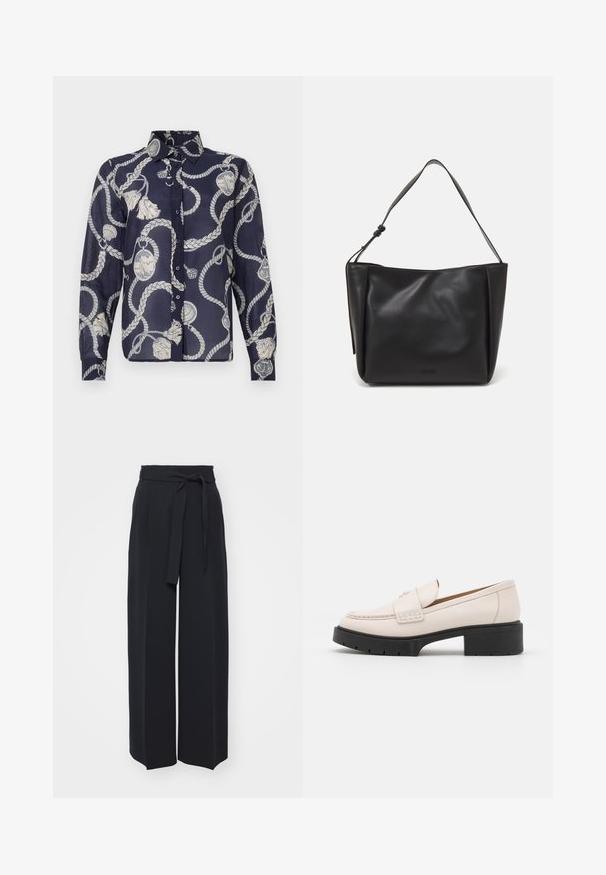 Tummansininen pitkähihaisessa paidassa on kaulus ja napit kiinnityksessä. Paidassa on valkoinen köysi- ja meriteema, jossa on tupsuja ja yksityiskohtia.; Leveled black trousers made of soft fabric. Features a belted waistband and front pleats. Smooth texture with a clean, contemporary design.; Vaaleanbeige nahkaloaferit, joissa on ommeltu etuosa ja teksturoitu musta korko. Ominaisuuksiin kuuluu kaareva muotoilu ja kevyt kohotus.; Calvin Klein GRACIE MEDIUM - Käsilaukku - black