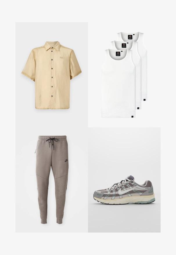 Kortærmet skjorte i lys beige satin med en blank finish, knaplukning fortil og et lille logo på venstre bryst.; Tre hvide ribbede tanktops lavet af bomuld. Har en rund hals og små sorte mærker nær sømmen. Fås i flere størrelser.; Grå Nike joggingbukser med snoretræk i taljen, tapered ben, sidelommer og markante sømdetaljer. Blødt, struktureret stof.; Grå sportssko med overdel i mesh og ruskind, hvide accenter, en polstret sål og et særpræget design med reflekterende elementer.