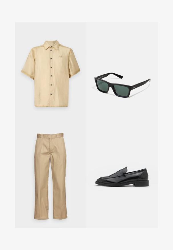 Short-sleeve shirt in light beige satin with a glossy finish, button-front closure, and a small logo on the left chest.; Khaki trousers with a straight-leg design, made of sturdy fabric, featuring a smooth texture and double-pleated front for added detail.; Black leather loafers with a smooth finish, featuring a rounded toe and a narrow band across the upper. Low stacked heel.; Black rectangular sunglasses with green lenses, featuring a matte finish, straight temples, and the Ray-Ban logo on the side.; Set of five bracelets featuring brown leather, wooden beads, and a silver chain; varying textures and shapes, with adjustable closures.