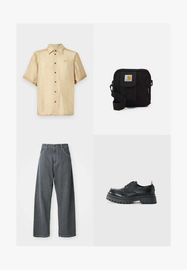 Kortermet skjorte i lys beige sateng med glanset overflate, knappelukking foran og en liten logo på venstre bryst.; Grå denim vide bukser med høj talje, med forlommer, bælteskydere og en knaplukning i taljen.; Svart chunky lær snørestøvel med tykk, robust såle og metalldetaljer på tåpartiet, fotografert mot en enkel lys bakgrunn.; Svart crossover-veske med en glidelåslukking hovedrom, frontlomme, justerbar stropp og et synlig logo-patch på klaffen.
