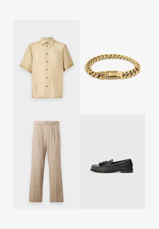 Krátky rukáv košele v svetlej béžovej saténovej látke s lesklým povrchom, zapínanie na gombíky vpredu a malé logo na ľavej strane hrudníka.; Béžové široké nohavice vyrobené z hladkej zmesi bavlny, so záhybmi vpredu, šitým pásom a opaskom s kovovou sponou.; Čierne kožené loafers s okrúhlou špičkou, dekoračnými strapcami a prešívaným dizajnom. Plná podrážka s nenápadným brandingom na boku.; Náramok zlatého tónu s prepojenými článkami, vybavený zapínaním s logom "HILFIGER" a červeným a modrým akcentom. Hladký, lesklý povrch.