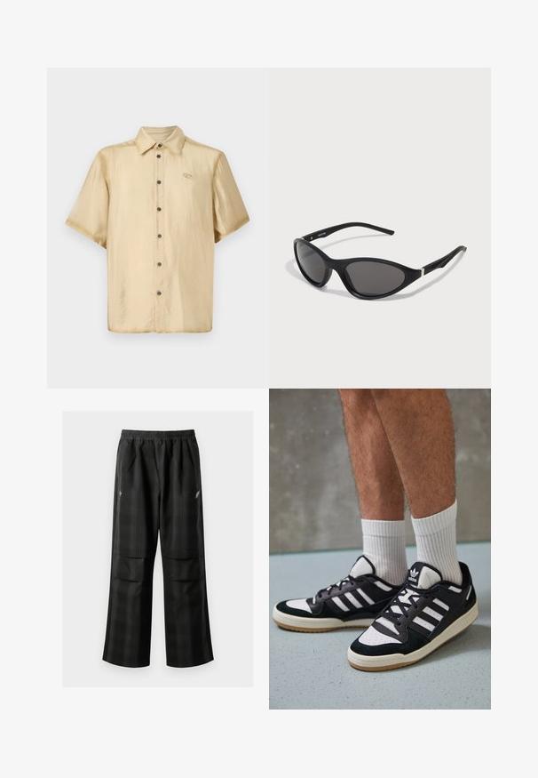 Krátky rukáv košele v svetlej béžovej saténovej látke s lesklým povrchom, zapínanie na gombíky vpredu a malé logo na ľavej strane hrudníka.; Čierne kockované nohavice s elastickým pásom, dvoma prednými vreckami a voľným strihom so rovnými nohavicami. Vyrobené z ľahkého materiálu.; Čierno-biele tenisky s vrchom z semišu a kože, s troma bielymi pruhmi, perforovanou špičkou a gumovou podrážkou.; Čierne slnečné okuliare v štýle mačacích očí s hladkými matnými rámami, tmavými sklami a striebornými akcentmi na spánkoch. Moderný dizajn s ostrým tvarom.