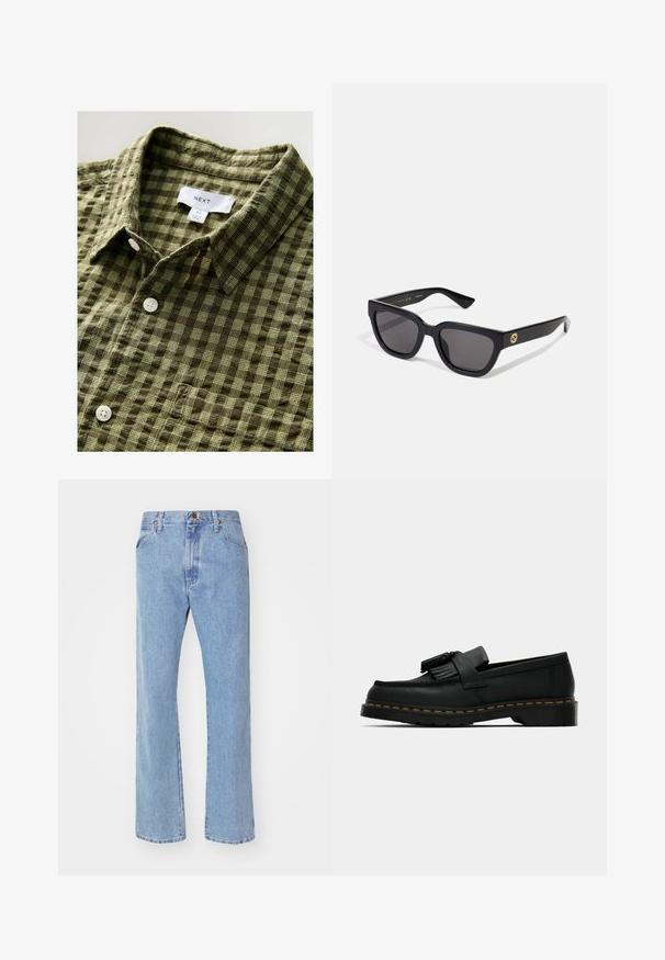 Zelená károvaná košeľa s krátkym rukávom vyrobená z mäkkého materiálu, s golierom na gombíky a bielymi gombíkmi, pripevnená s etiketou a veľkostným štítkom.; Svetlomodré denimové nohavice s vysokým pásom, rovný strih a predné vrecká. Obsahujú mosadzné komponenty a jemné ošúchanie.; Čierne kožené mokasíny s strapcami, žltým prešitím pozdĺž podrážky a hrubou, vrúbkovanou gumovou podrážkou.; Čierne hranaté slnečné okuliare s lesklým povrchom, tmavými šošovkami a zlatými kovovými detailmi na spánku so znakom.