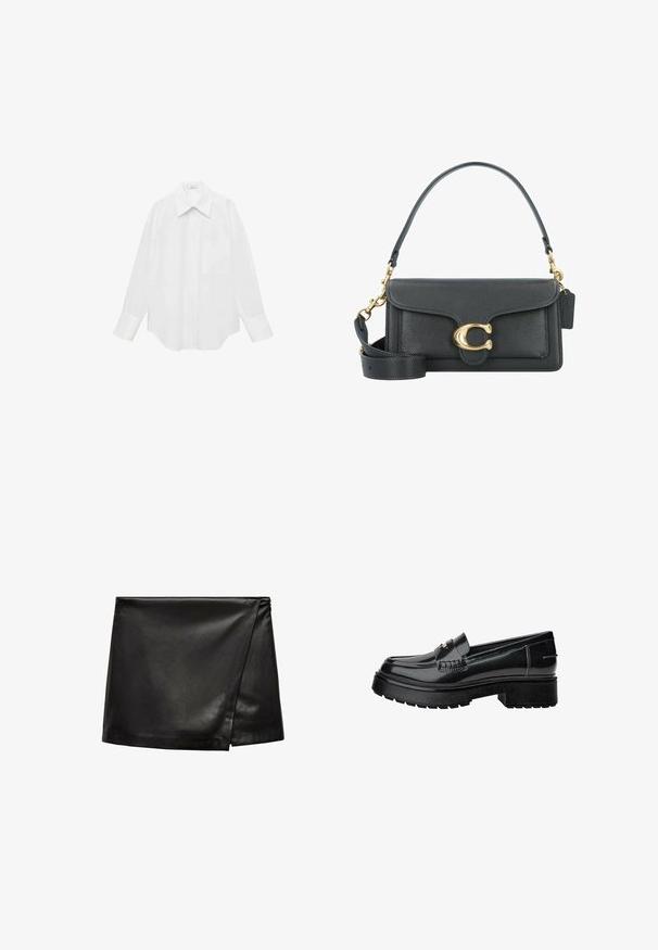 Hvid langærmet skjorte lavet af glat stof, med spidse krave, en enkelt brystlomme og rundet kant for en oversized pasform.; Sort læder mini nederdel med en omslagsdesign, der har en glat tekstur og minimalistisk stil. Ingen synlig hardware eller mønstre.; Sorte patenterede lædersko med en robust sål, der har en dekorativ rem og diskrete syninger. Gummitekstur på ydersålen.; Sorte læderhåndtaske med et gyldent hardware-udstyr, der har en signaturlås, en aftagelig skulderrem og en tekstureret overflade.